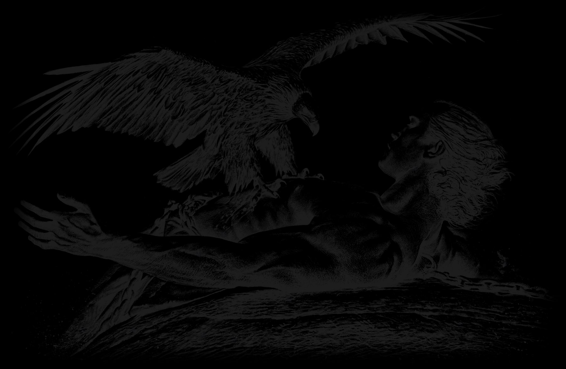 Un águila con las alas abiertas se posa sobre el pecho de Prometeo, tendido y encadenado en la roca, que la mira.