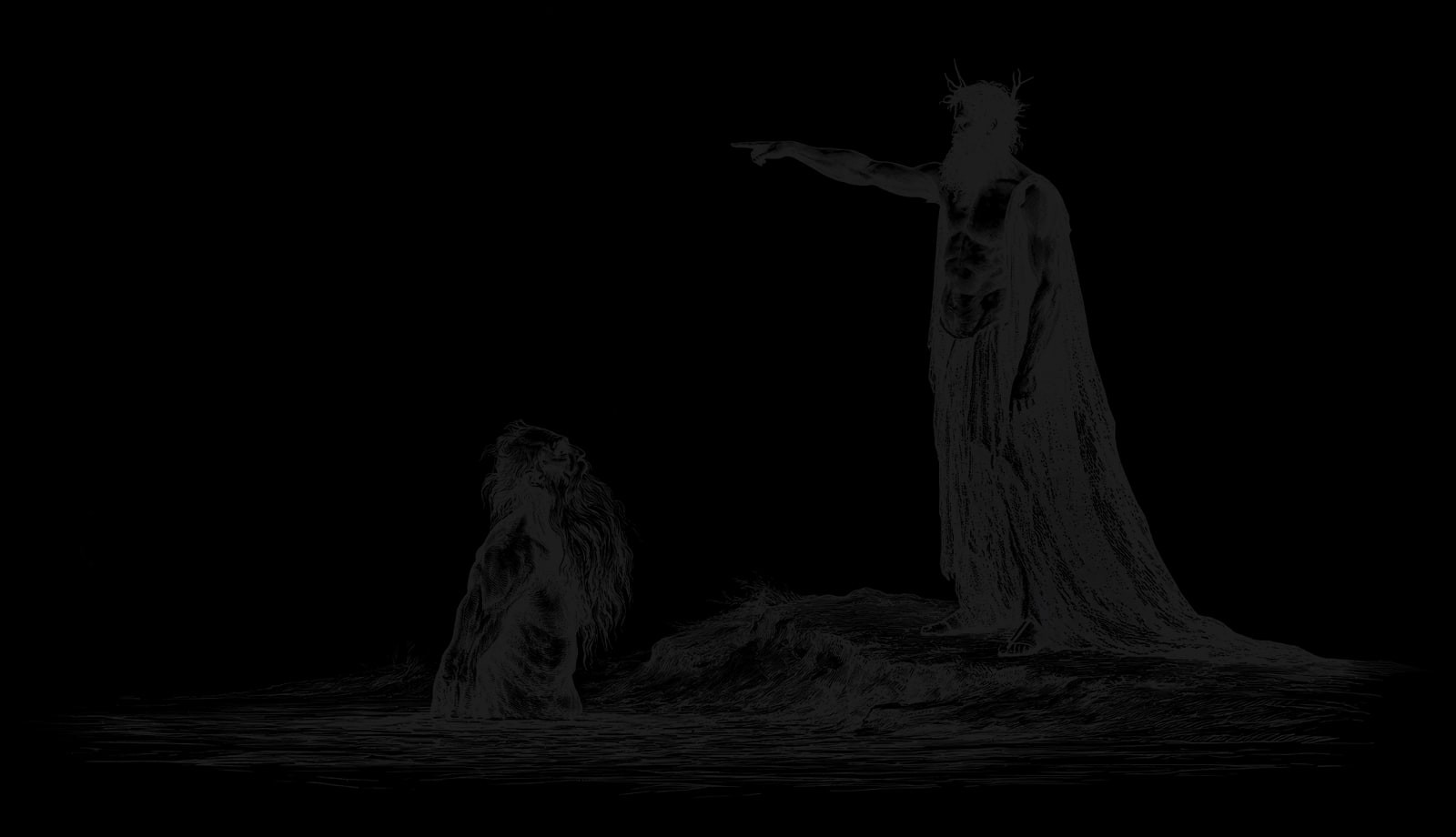 Un rey con corona y manto largo, de pie en la orilla, señala a lo lejos; a su lado, una figura cubierta de cabellos emerge del agua.
