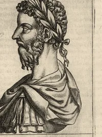 Grabado de Marco Aurelio de perfil, laureado y con manto imperial, según la iconografía clásica