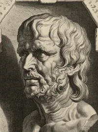 Grabado del busto de Séneca según Rubens: rostro enjuto, barba corta y cuello tenso, en una hornacina de piedra